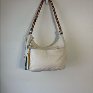 Brighton Barbados Ziptop Hobo White Leather Rainbow Braided Strap NWOT